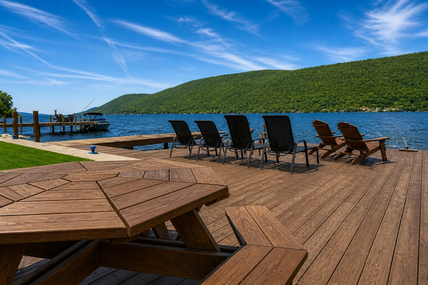 Set against the backdrop of tranquil waters, this picturesque dock features a beautiful dining area perfect for outdoor meals or gatherings. A large, sturdy dining table sits in the center, surrounded by comfortable, weather-resistant chairs with plu