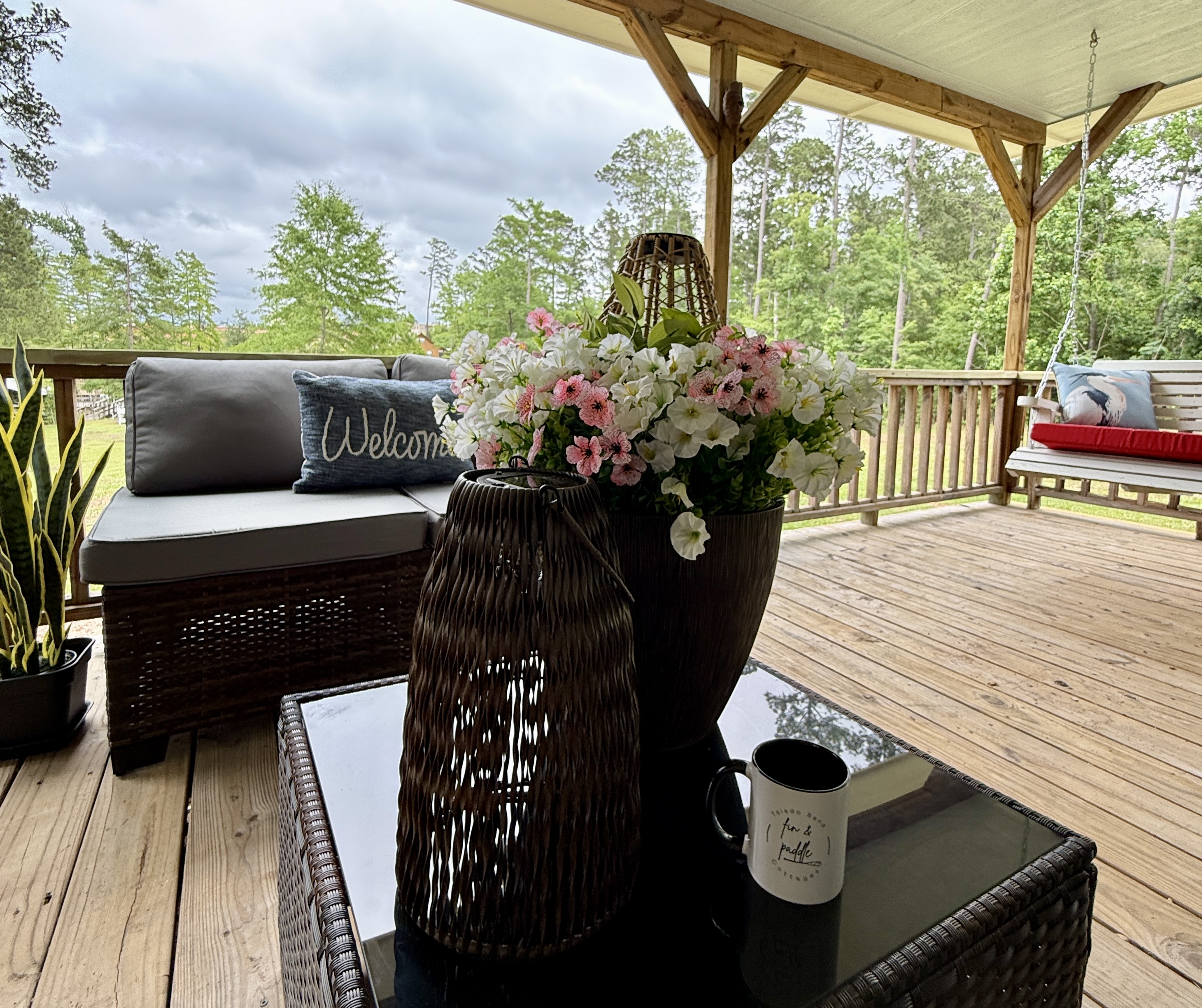 Covered porch with lake views
