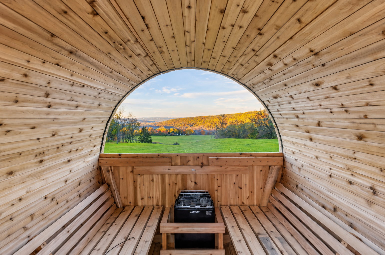 Barrel sauna with circular window overlooking the yard