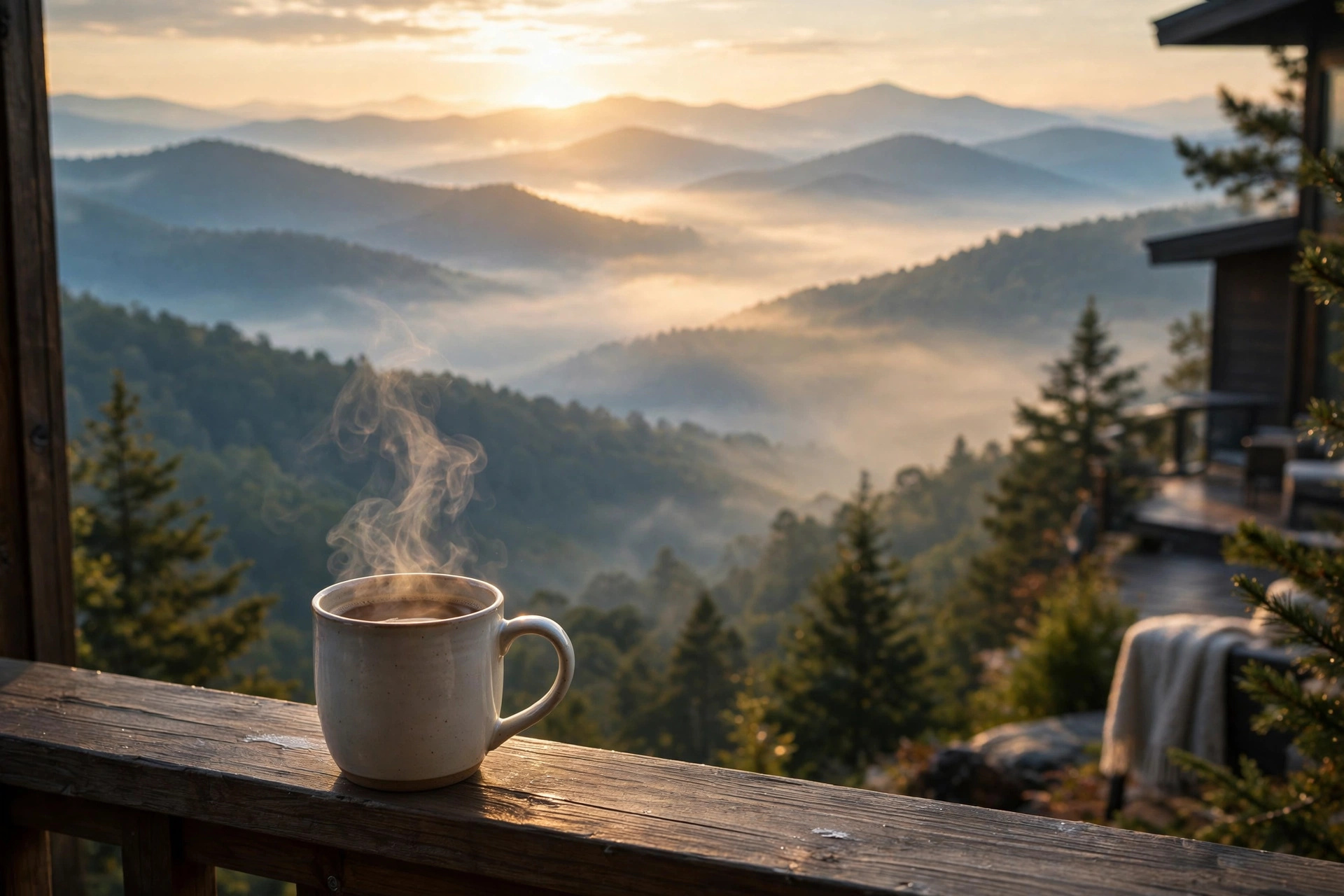 Illustration: sunrise mist over the Smoky Mountains from a cabin deck