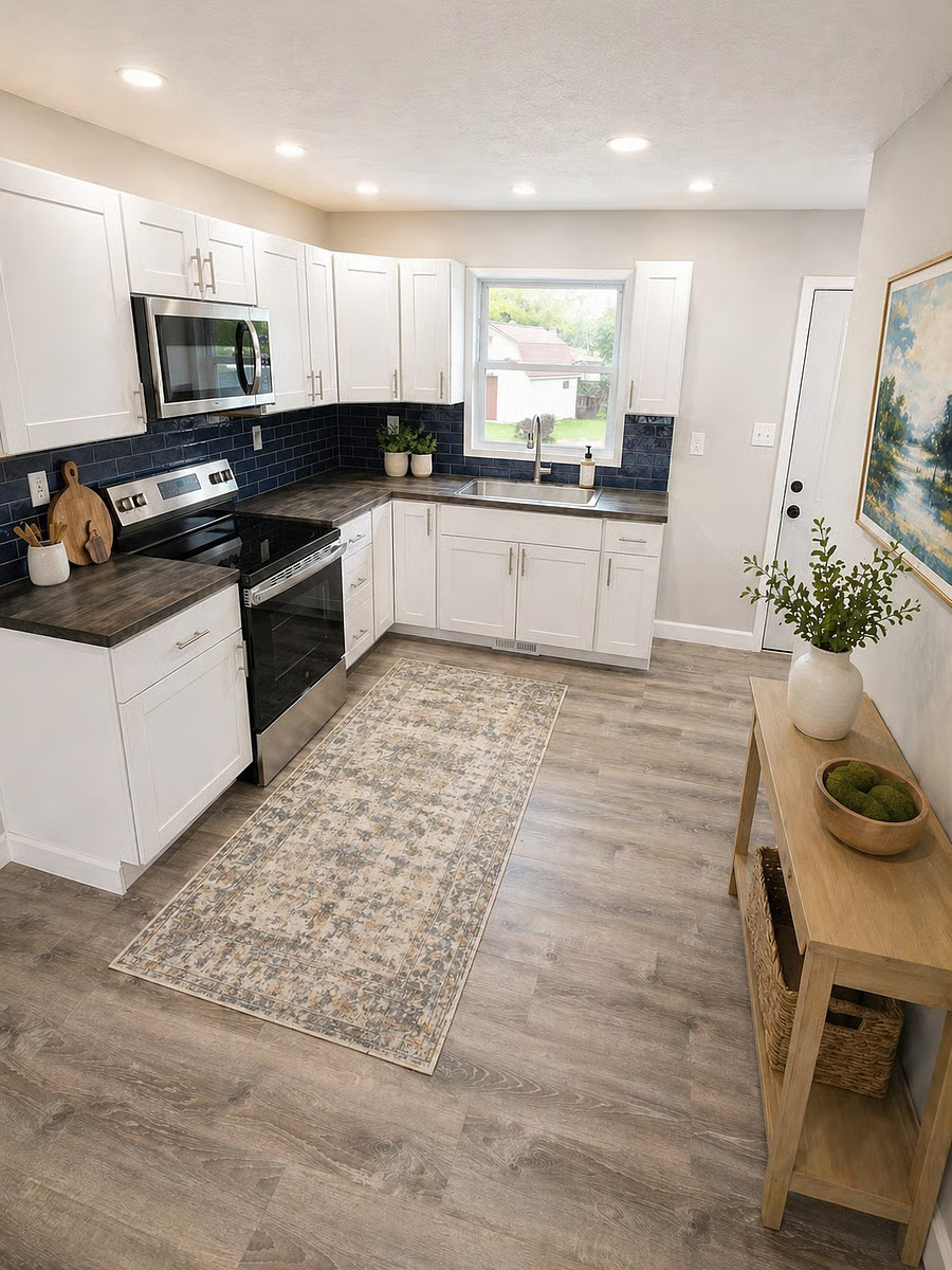 Navy Unique Backsplash with Butcher Block Countertops!