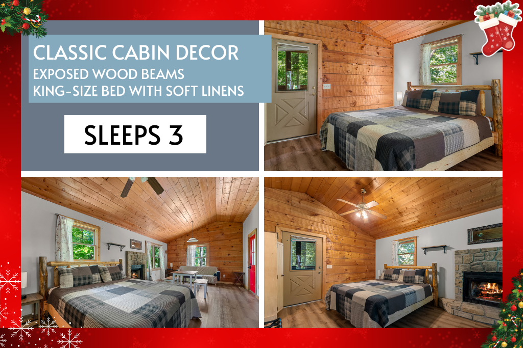 Cozy up in soft linens under exposed beams—sleeps 3 comfortably.