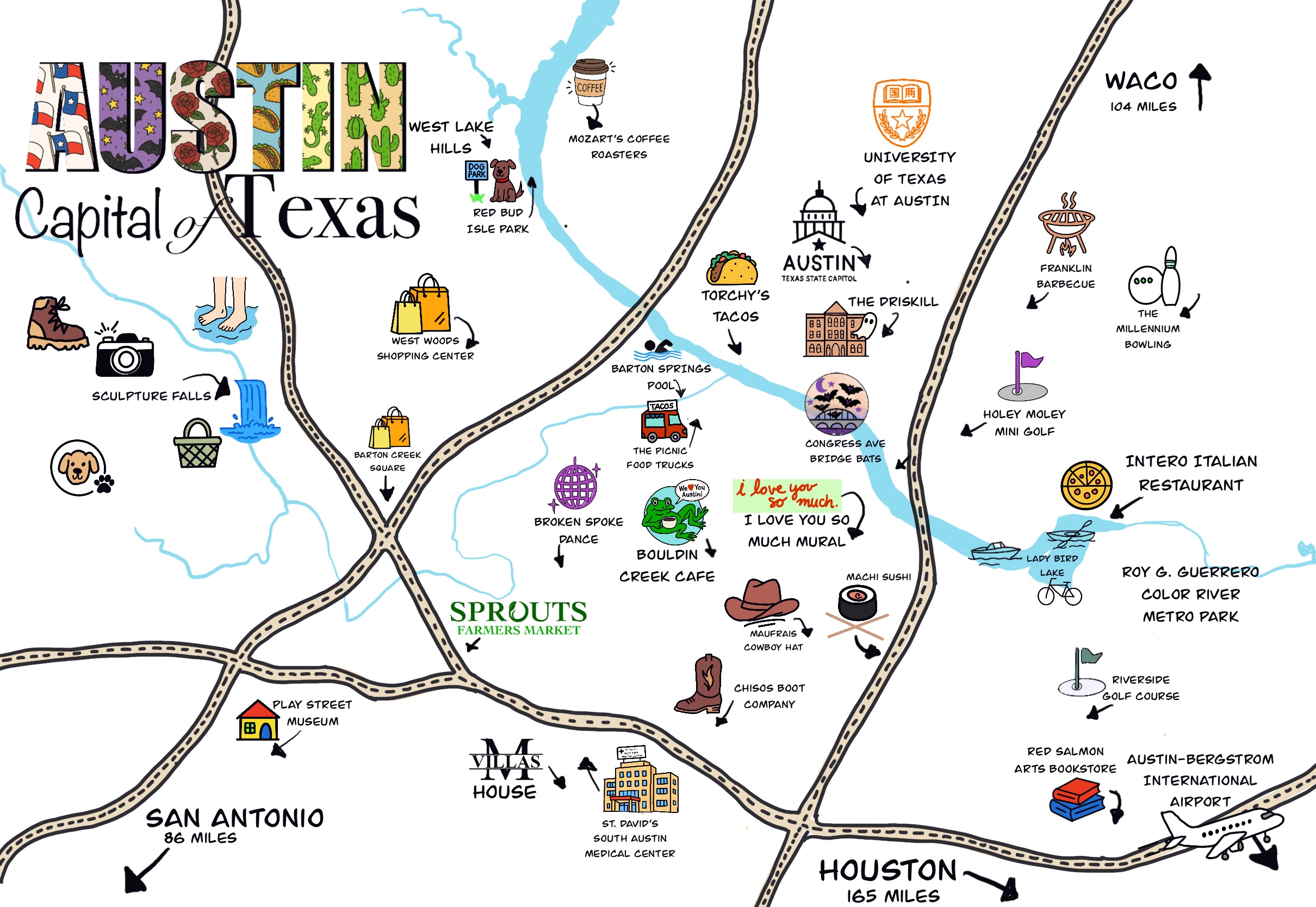 Local Highlights: Explore vibrant ATX with this fun, artistic map showcasing must-visit spots!
