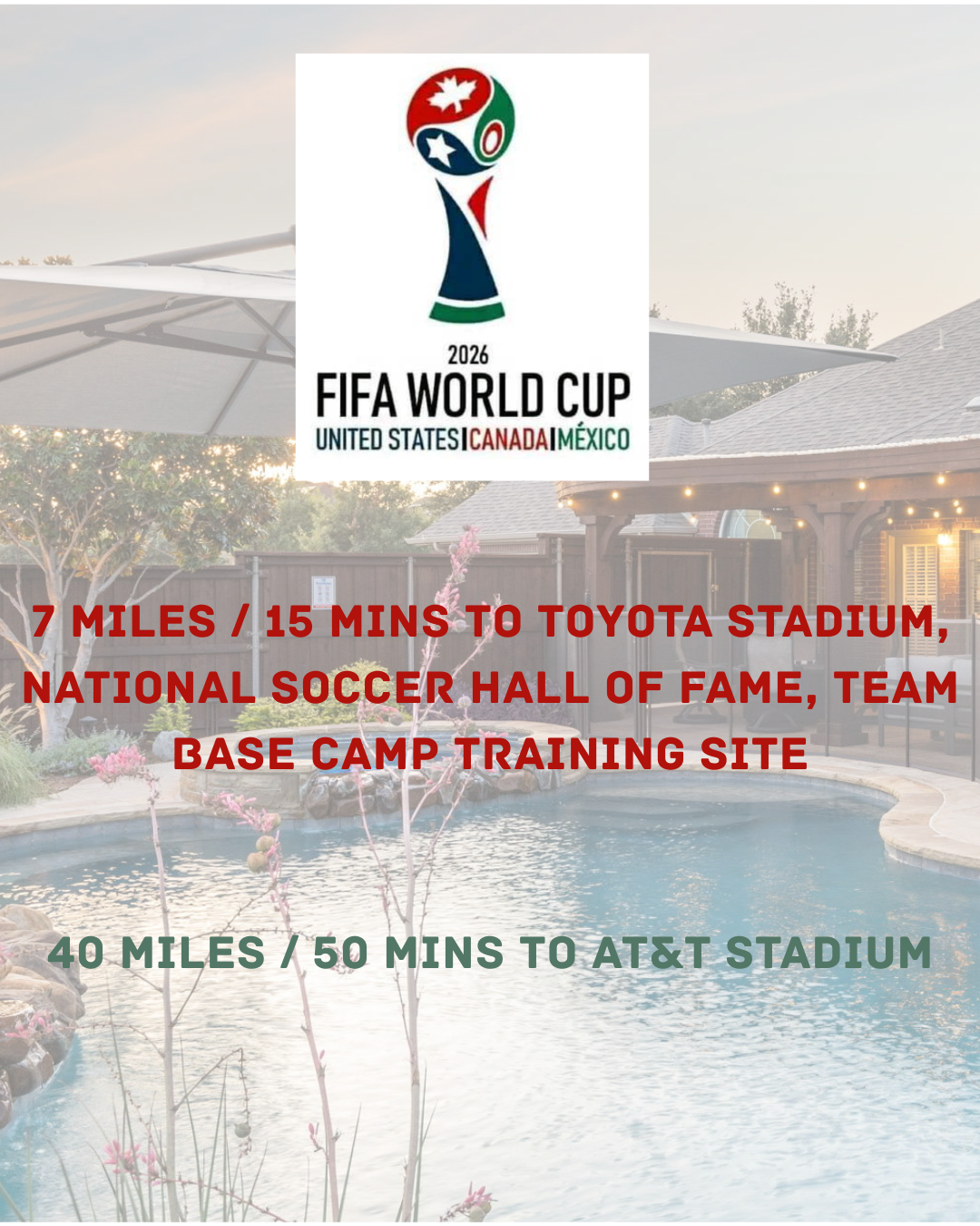 Close proximity to Teams Training Stadium ( for possible open training sessions) and 30-45 minutes to main events Venue