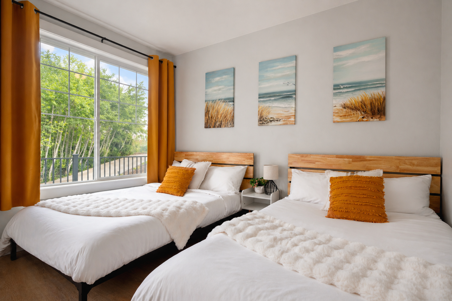 Two full sized beds with medium-firm mattresses. All of our sheets are hotel grade Egyptian cotton 400 thread count because great sleep matters while you are on vacation.