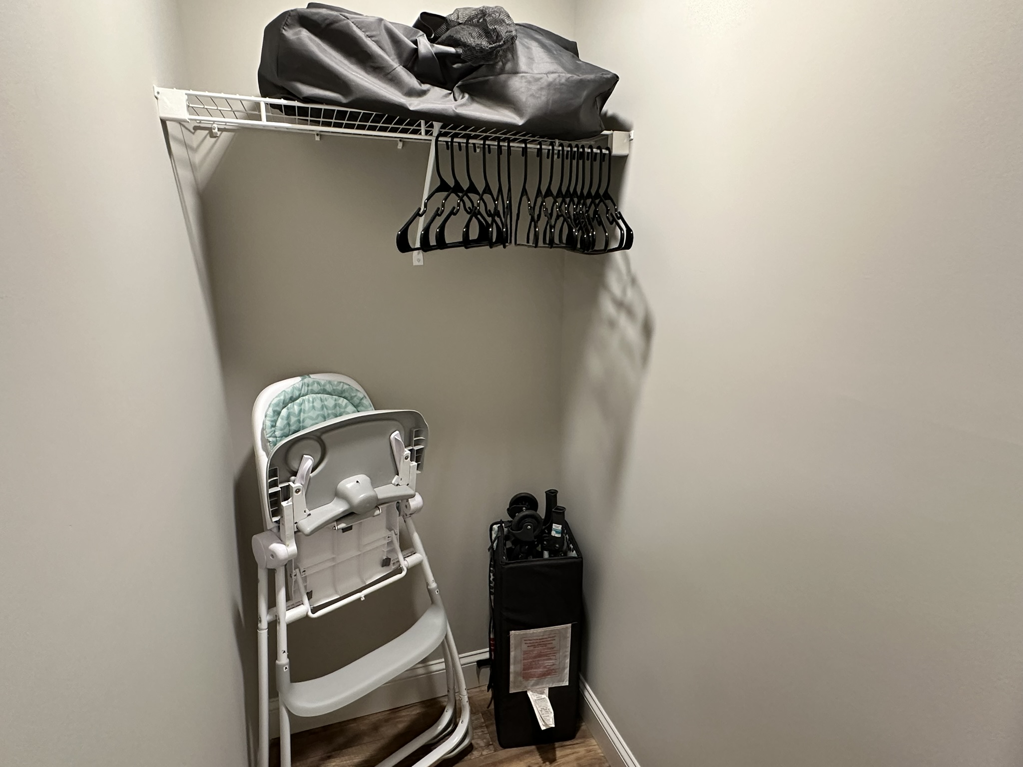 A highchair and Pack-n-Play are in the second bedroom closet.
