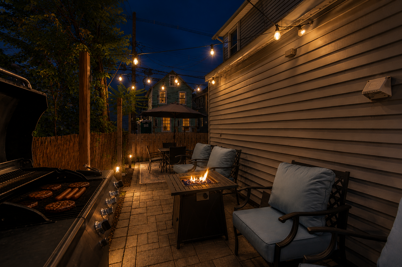 Picture the fire crackling, the string lights glowing, and nowhere you need to be. This backyard fire pit patio is where your shore nights begin, drink in hand under the Edison lights.