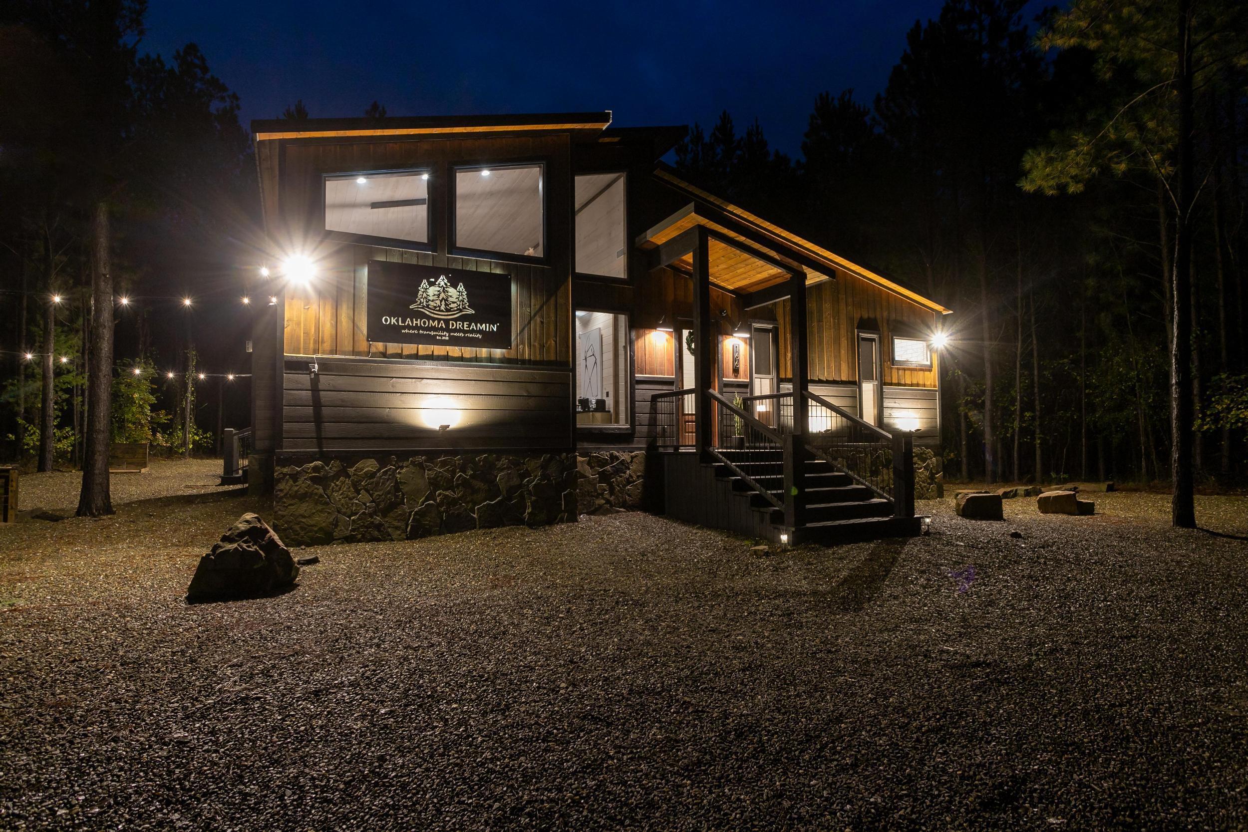 Lights on both sides of the home and string lights for when the sun sets