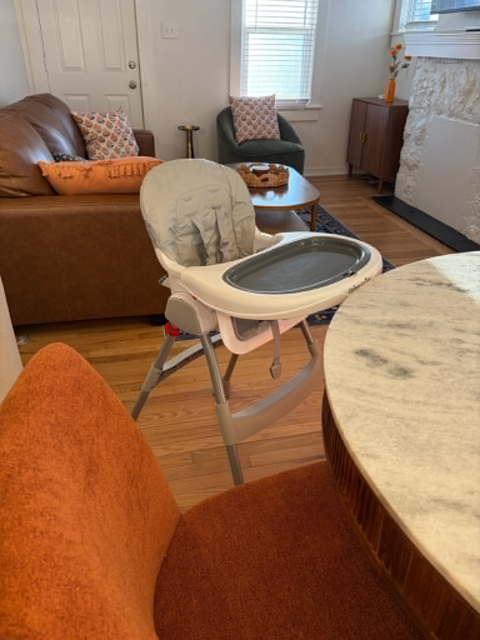 High chair stored in bedroom closet
