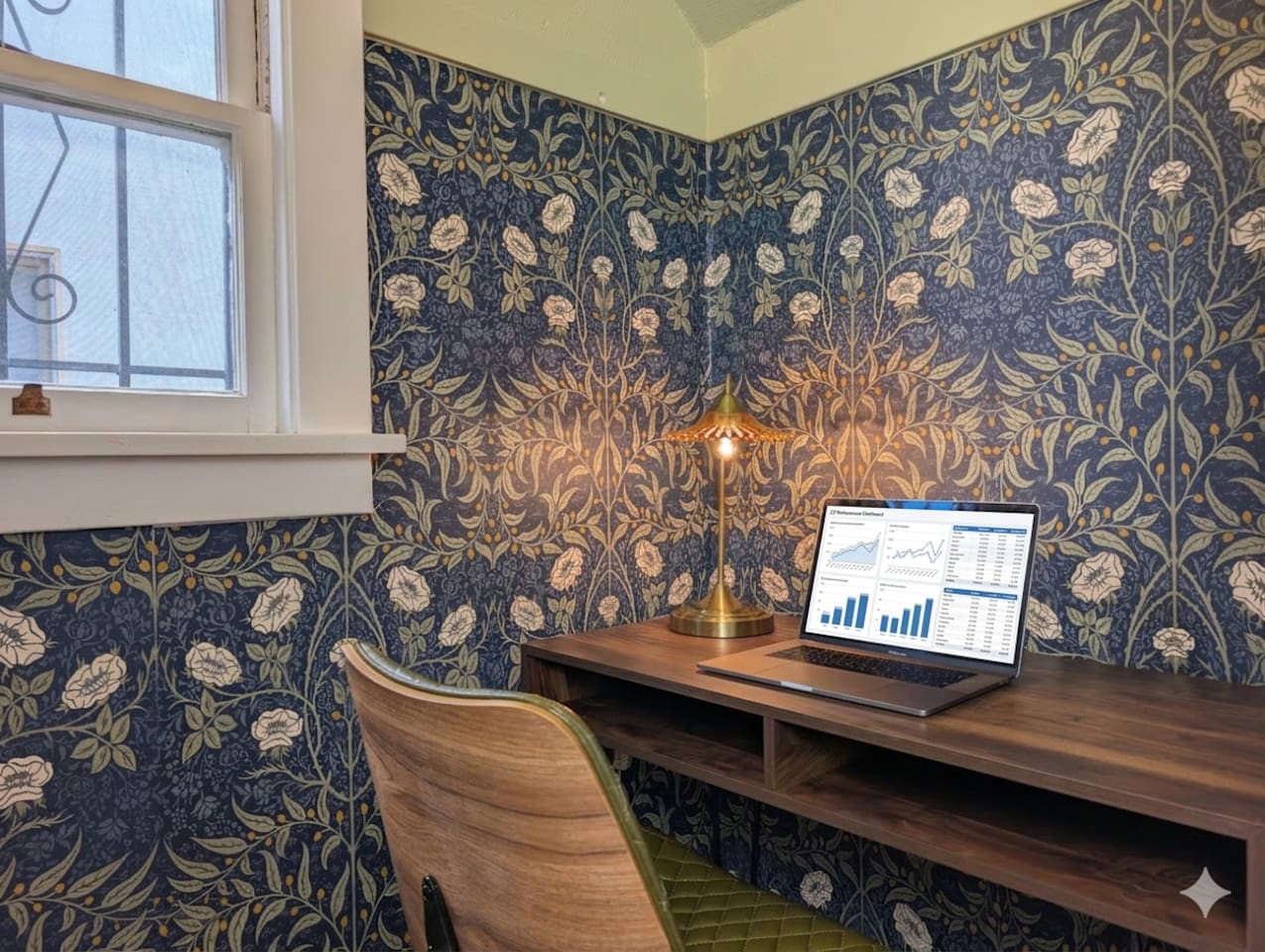 Dedicated workspace with a desk, comfortable chair, and Wi-Fi.