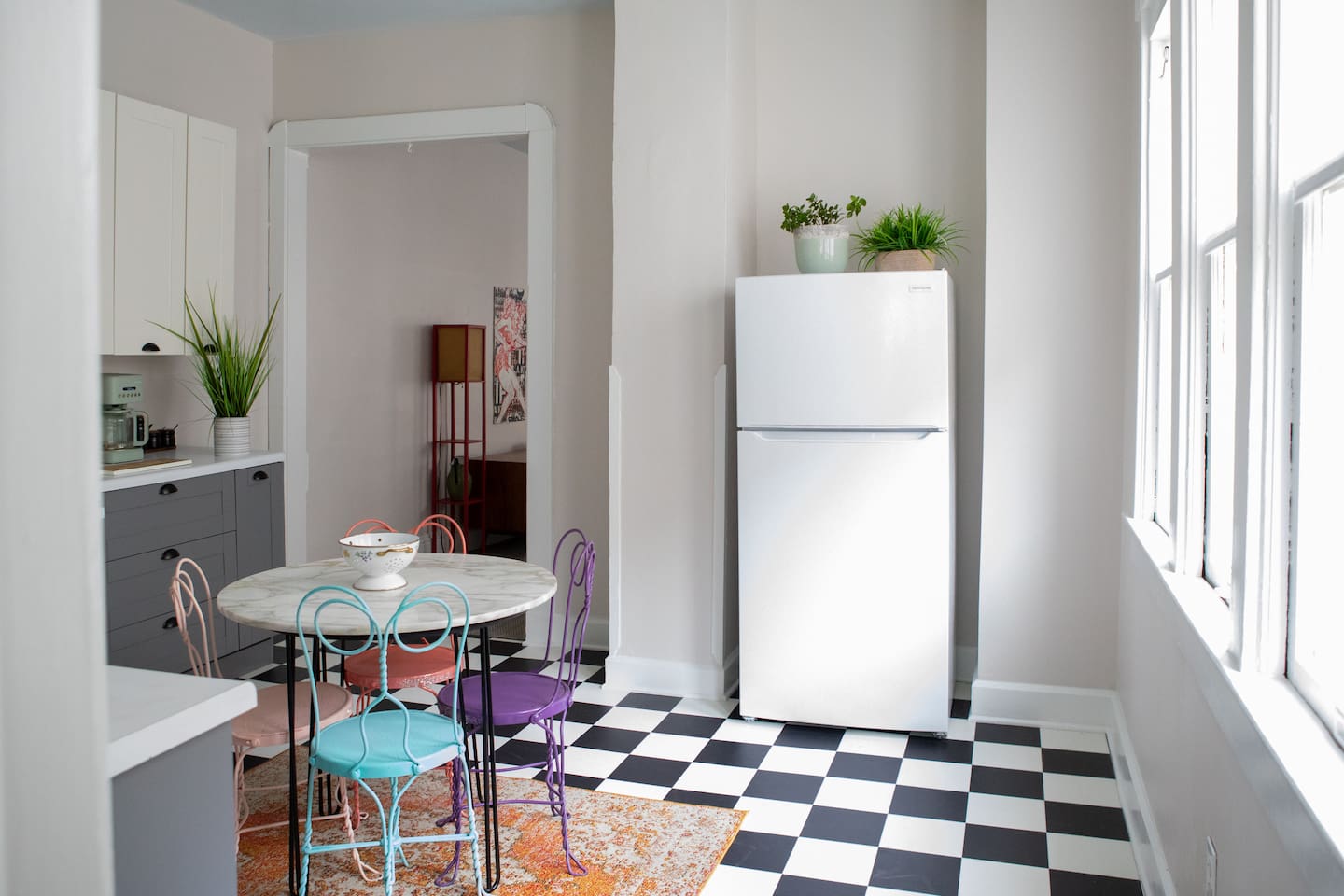 Full-size fridge + morning light that make waking up feel easy and cheerful.  