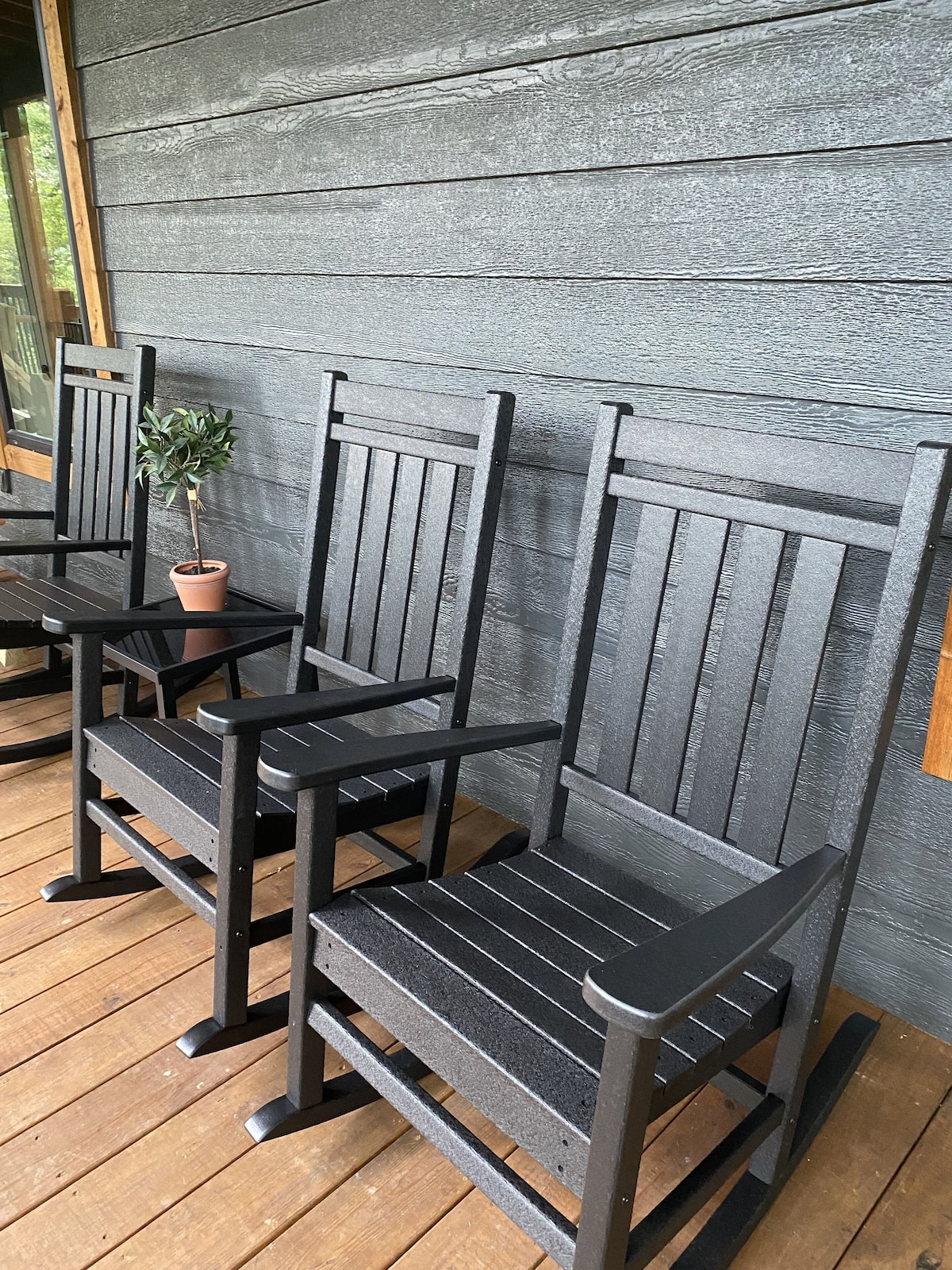 Rocking chair row. We have six rocking chairs out on the deck!