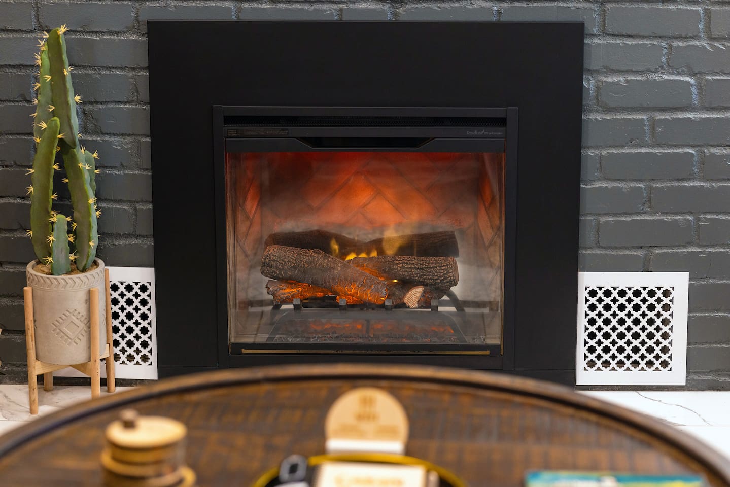 Yes, it's an electronic fireplace. But, it's more for ambience than heat because we do have central heat and air in the home for your year-around comfort.