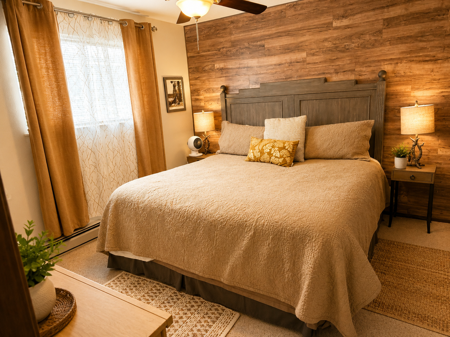 There are two bedrooms downstairs.  Both have king size beds and cozy linens.  There are nightstands and reading lights on both sides of the bed.  There is also a closet and dresser for storage.  The bedrooms also have baseboard heaters for added coziness.