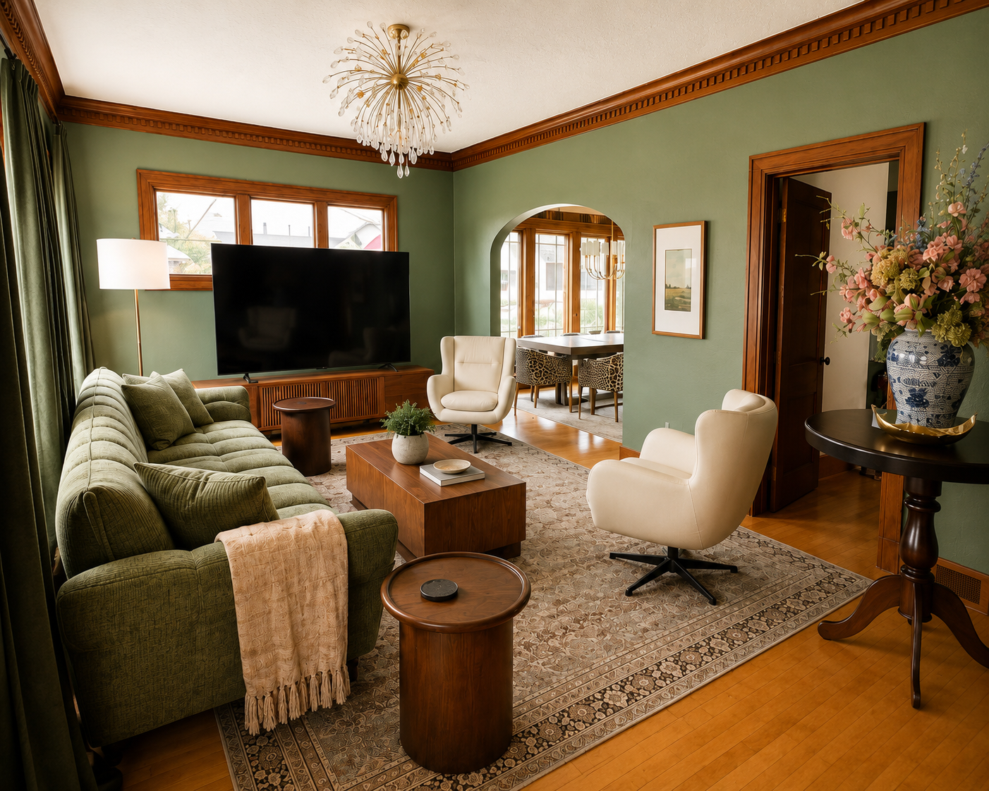 Gather in this inviting living room featuring comfortable seating, rich historic character, and a large Smart TV for movie nights or game days. The perfect place to relax, connect, and unwind after a day of exploring with family and friends.