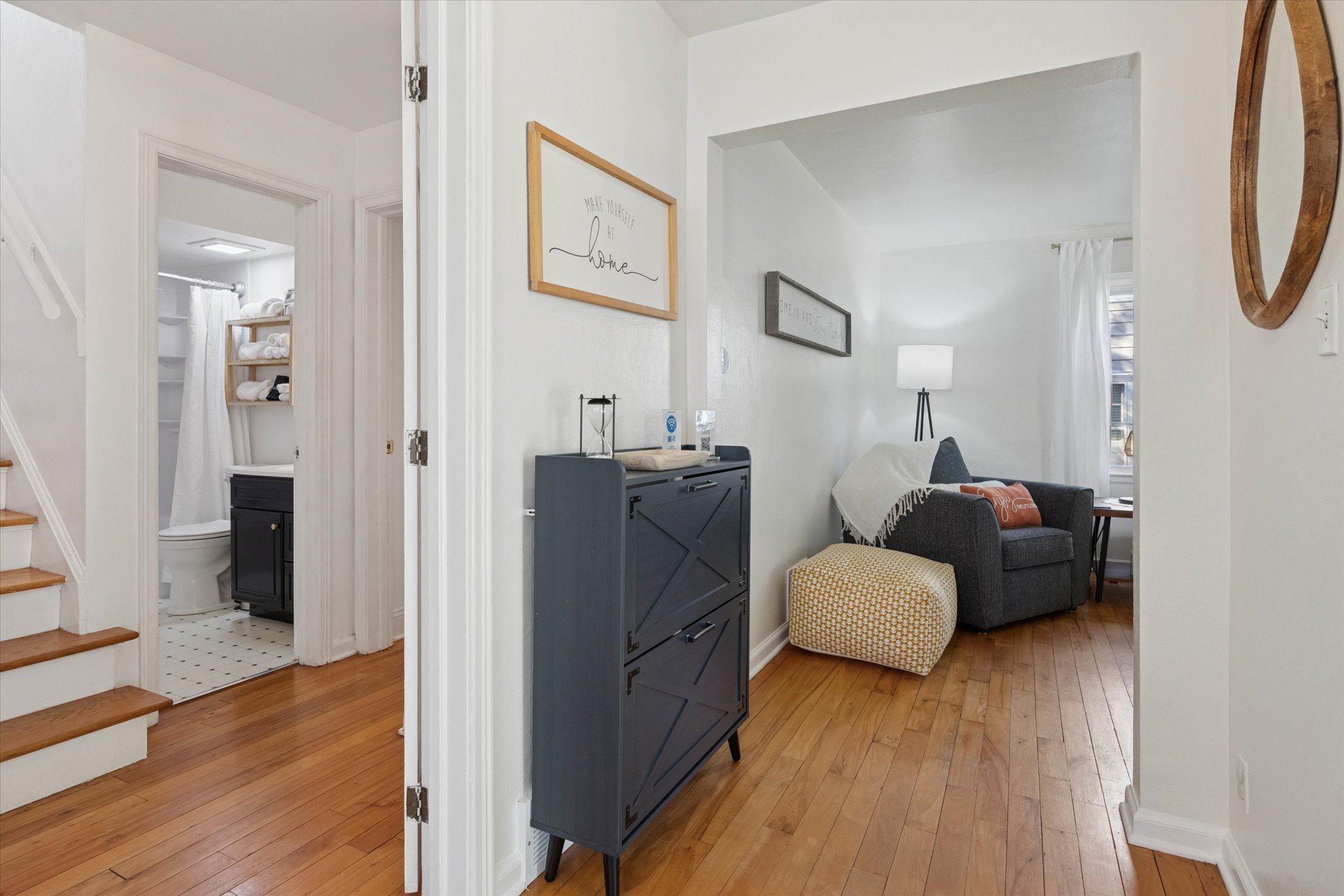 Rest and recharge—privacy doors separate the bedrooms from the main living area, offering quiet comfort and family-friendly flow at our South Bend guest retreat near Notre Dame.