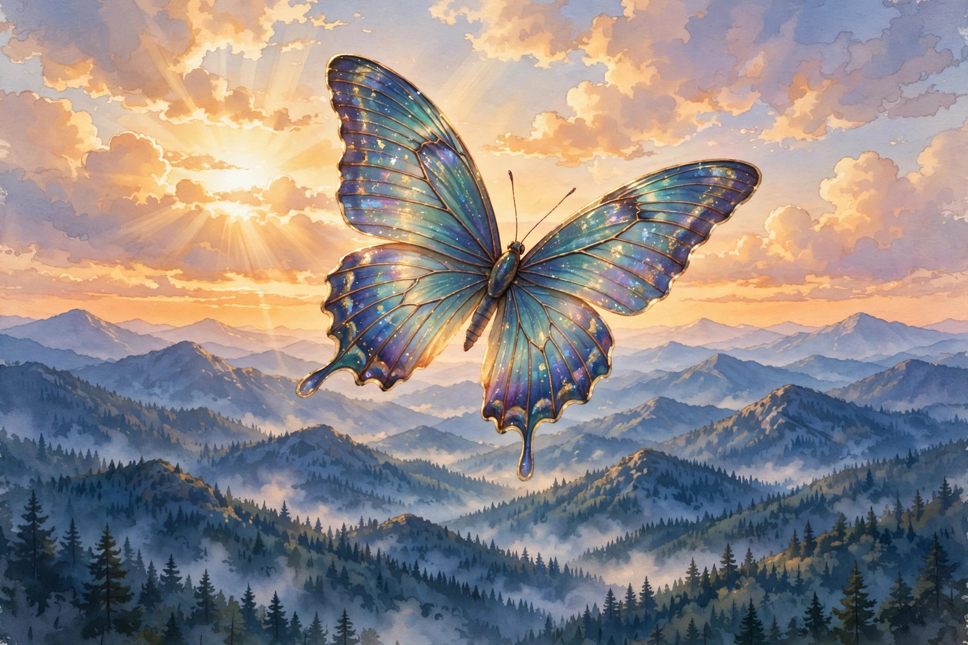 Illustration: a butterfly with guitar-string wings soaring over the Smoky Mountains at sunrise, a small theme park village glowing in the valley below