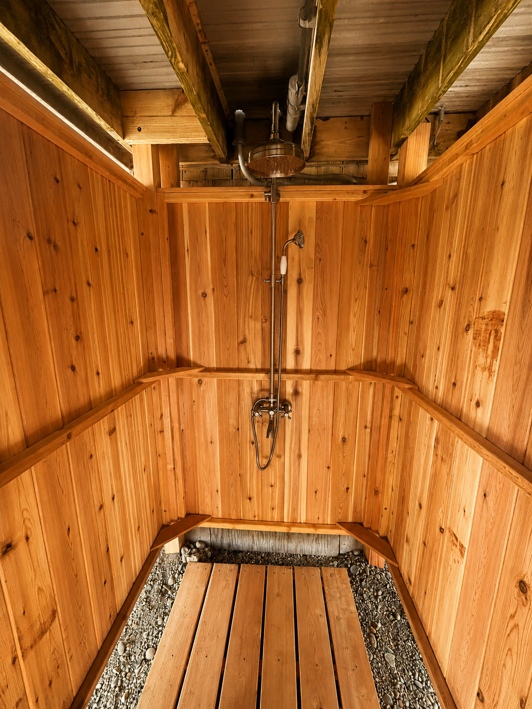 Private outdoor shower makes it easy to rinse off the sand after a relaxing day at the beach.