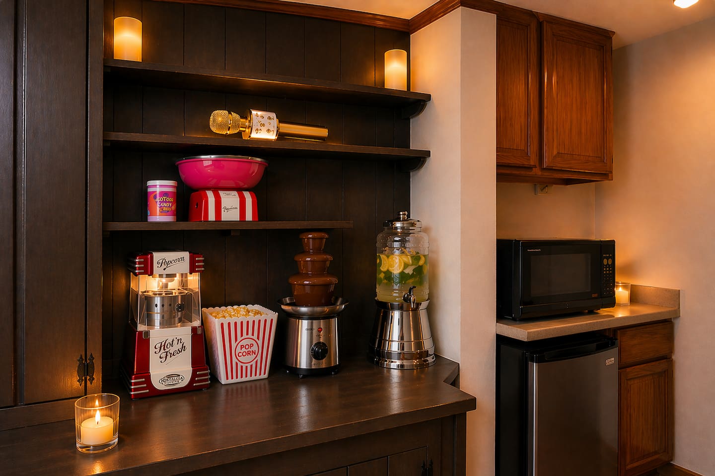 Warm, inviting snack bar meets entertainment hub. Enjoy fresh popcorn, cotton candy, and a chocolate fountain, alongside a refreshing beverage station