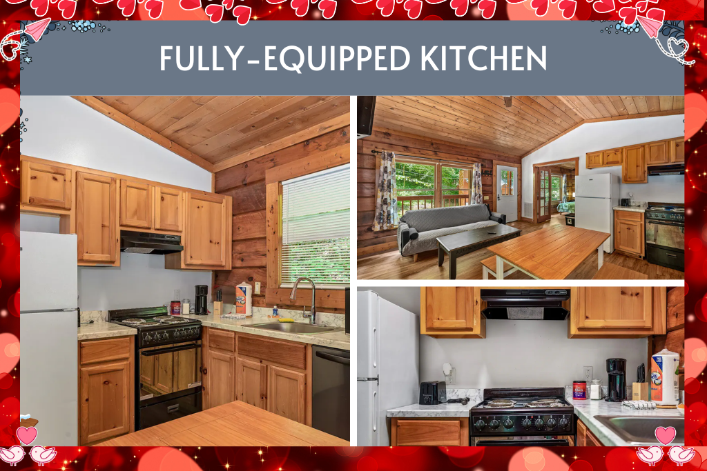 Cook with ease in a well stocked kitchen offering full size appliances, cookware, and everything you need for family meals or cozy nights in.
