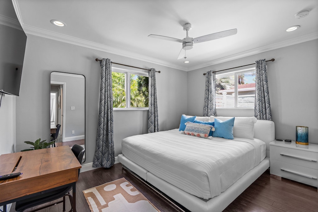Second bedroom with large TV, Roku, etc and desk for working from home.