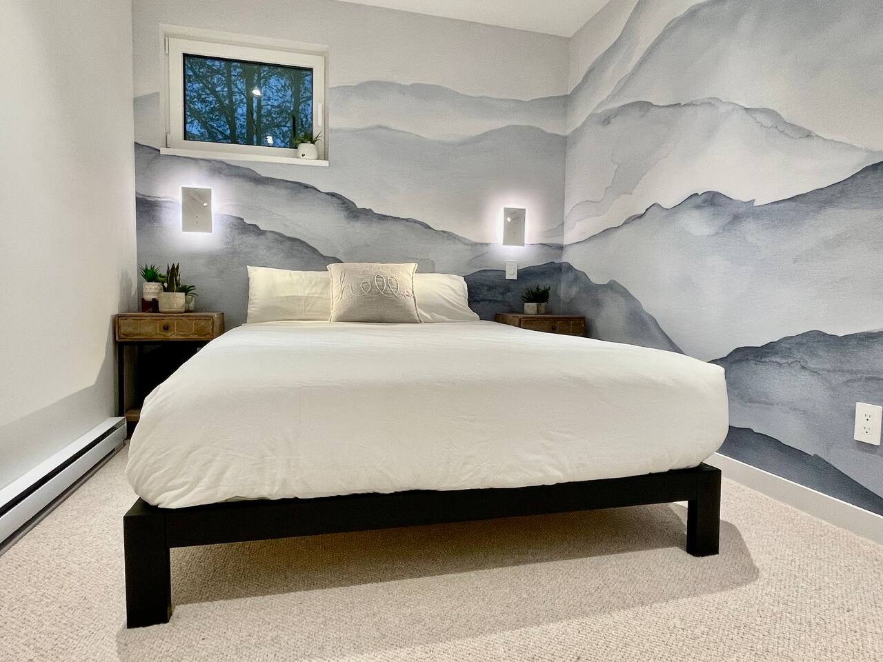 Bedroom #4 features signature designer touches including  mountain themed wall covering,  built in wall sconces w/telescopic privacy reading lamps and clever closet organizer w/integrated closet rail LED lighting 