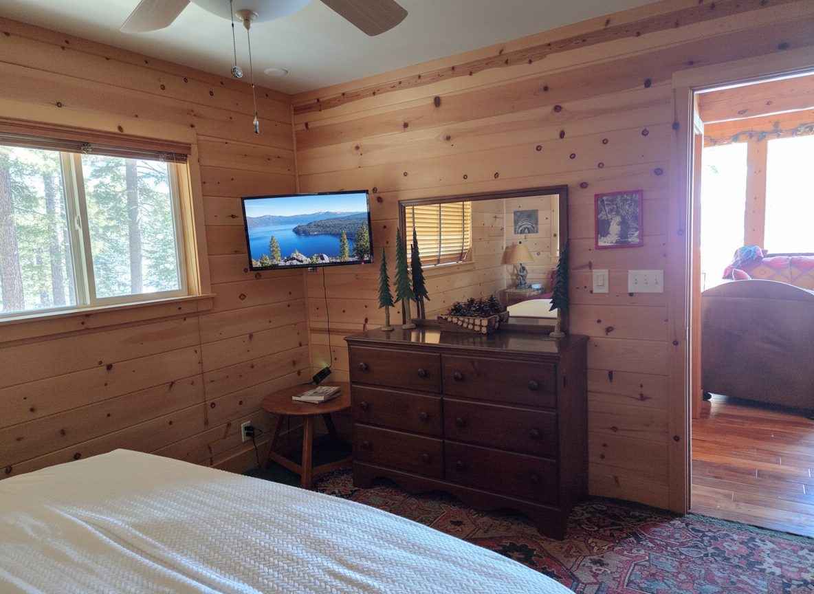 View from the bed in our 2nd bedroom.  There is a king size bed, dresser, two night stands, ceiling fan, lamps, closet and ensuite bathroom.