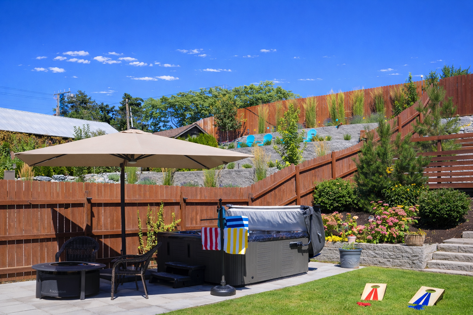 Backyard summer oasis with 6-7 person hot tub and mini corn hole set