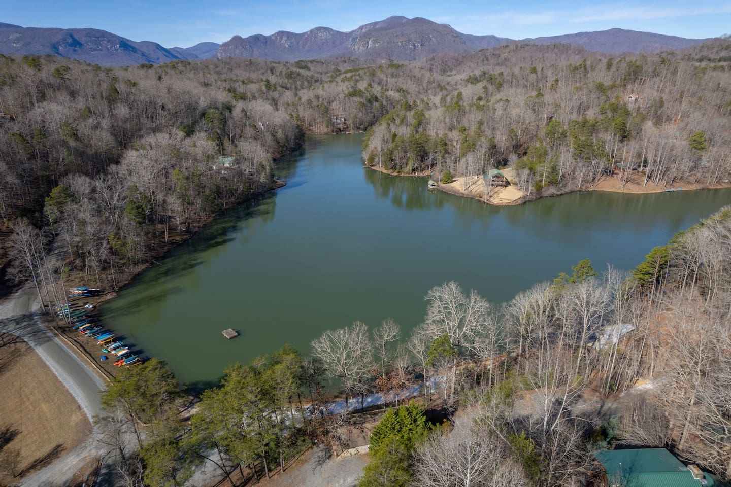 Drone view of Mirror Lake/ Chimney Rock Mountains from the cabin.