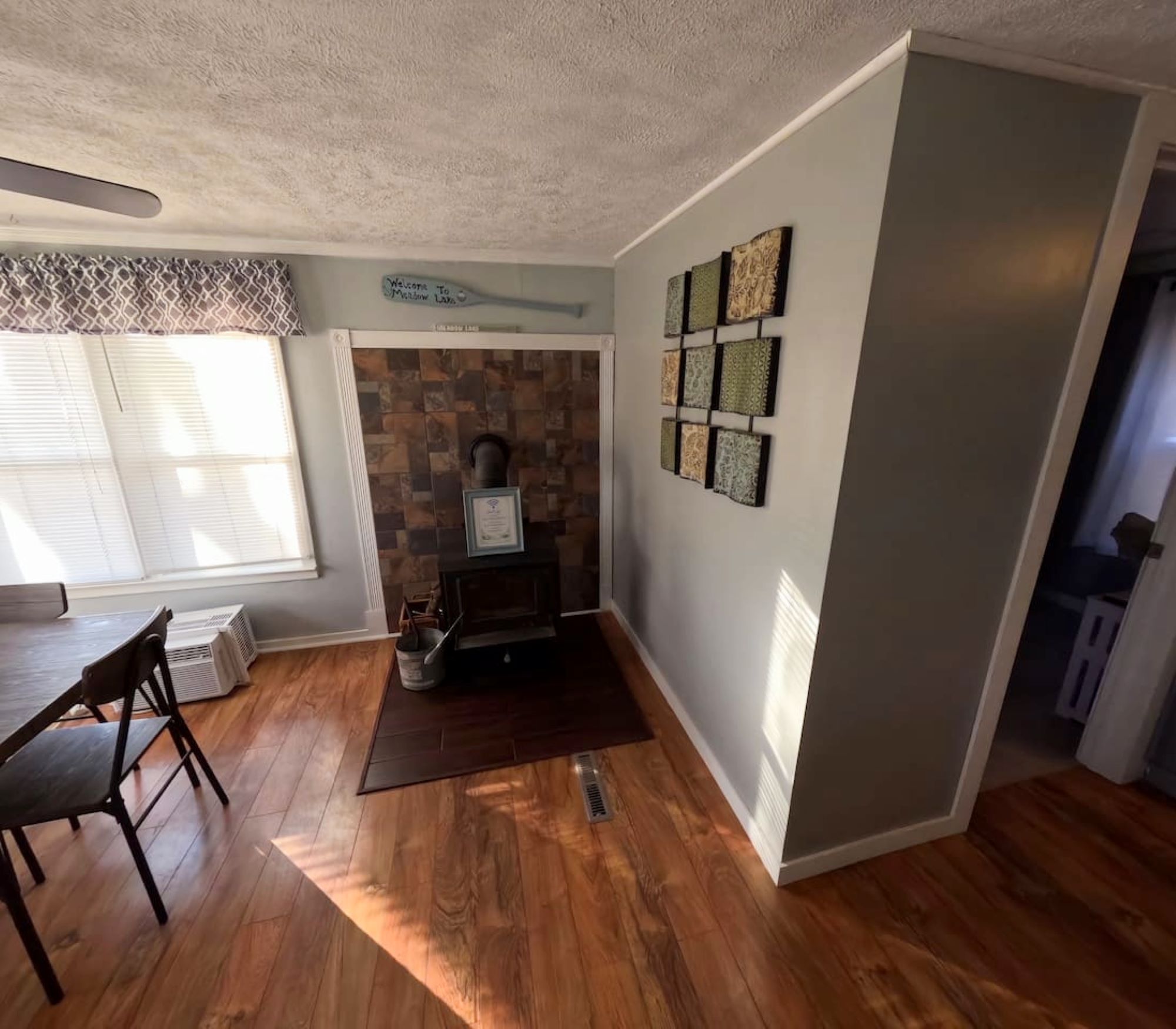 wood stove near dining area