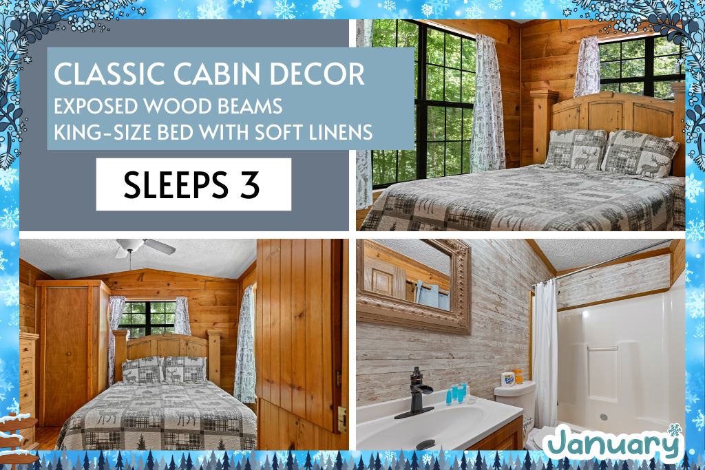 Classic cabin vibes meet comfort—sleeps 3, perfect for couples + 1.