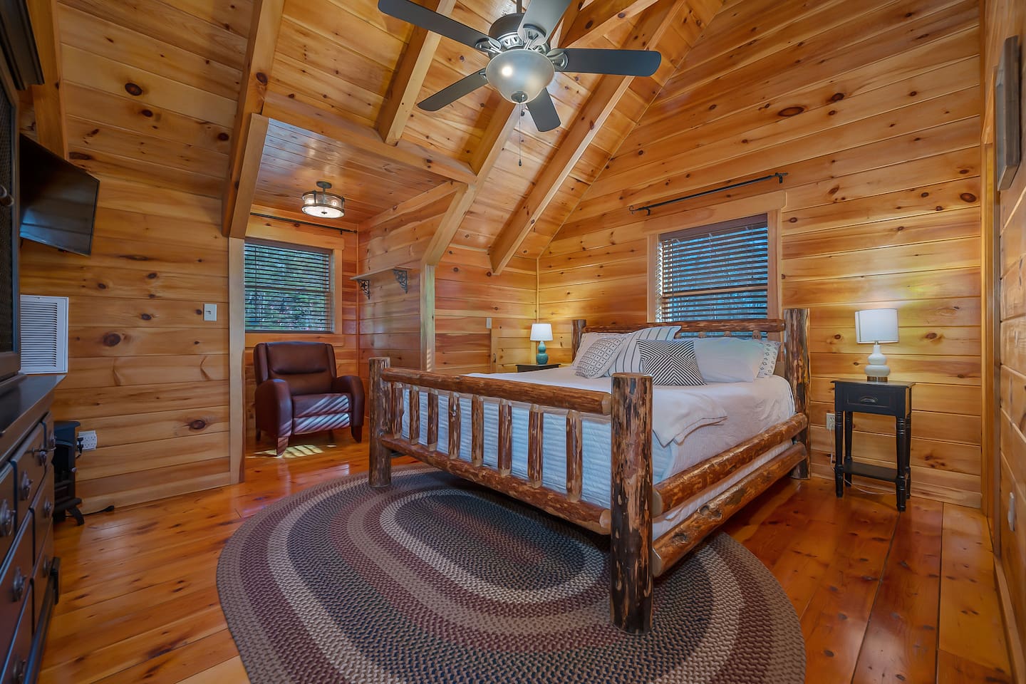 Primary bedroom upstairs with king bed full bathroom