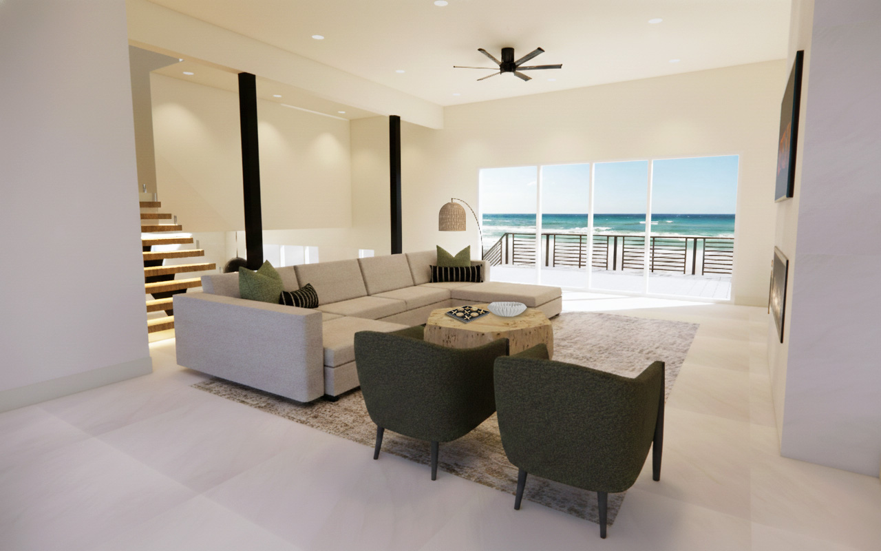 Panoramic windows frame both sunrise over the Atlantic and sunset over the Guana River — a view that changes with every hour.
Design rendering shown; professional photography coming soon.