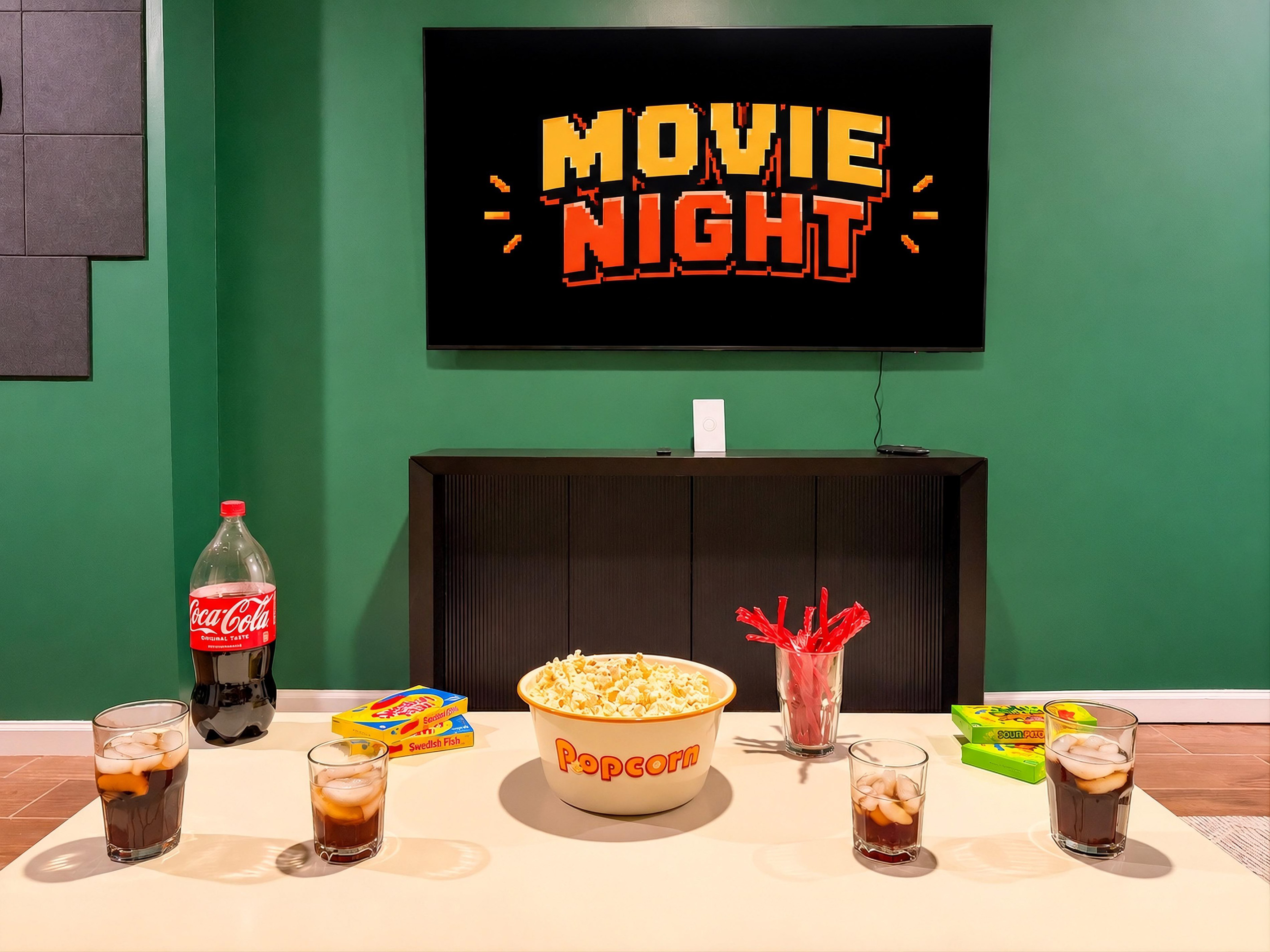 Have a true movie night experience after playing a few arcade games on our 4K Roku TV(please note food and drinks are not provided)