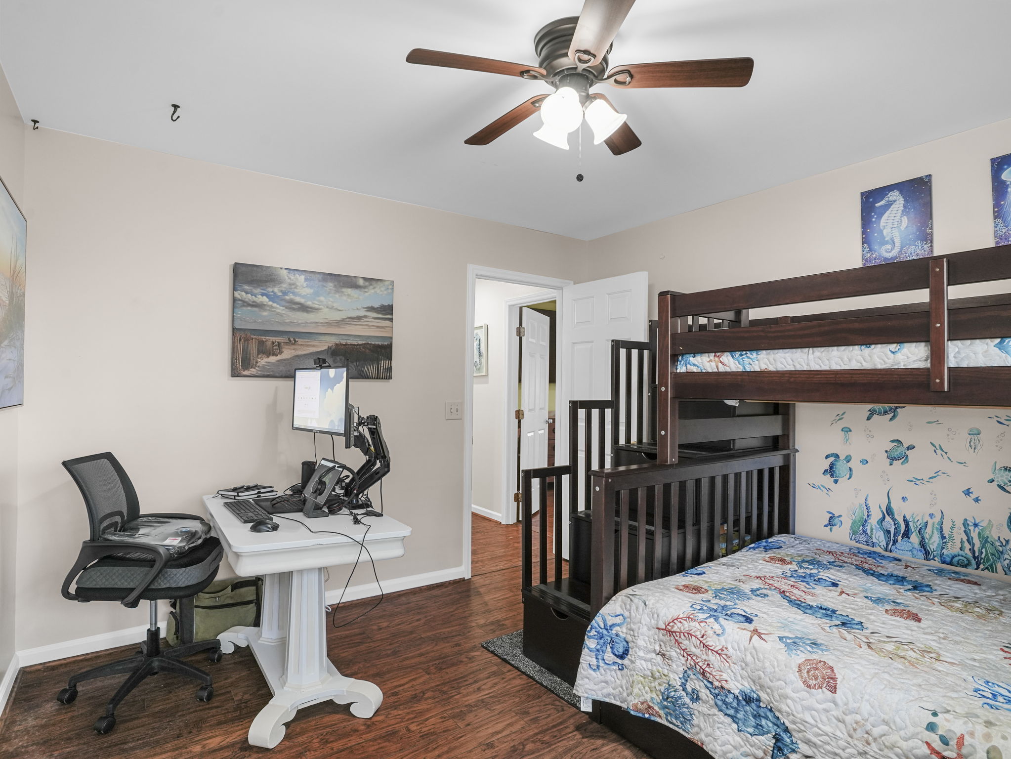 Bunk Bed, Work Station with Dual Monitor Display, Universal Dock, Keyboard, Mouse, Bluetooth Headset