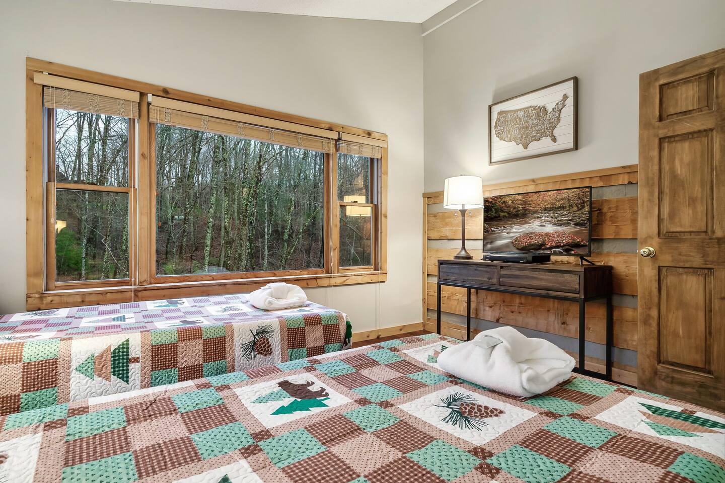 The kids will also enjoy views of the fire pit and outdoor games!