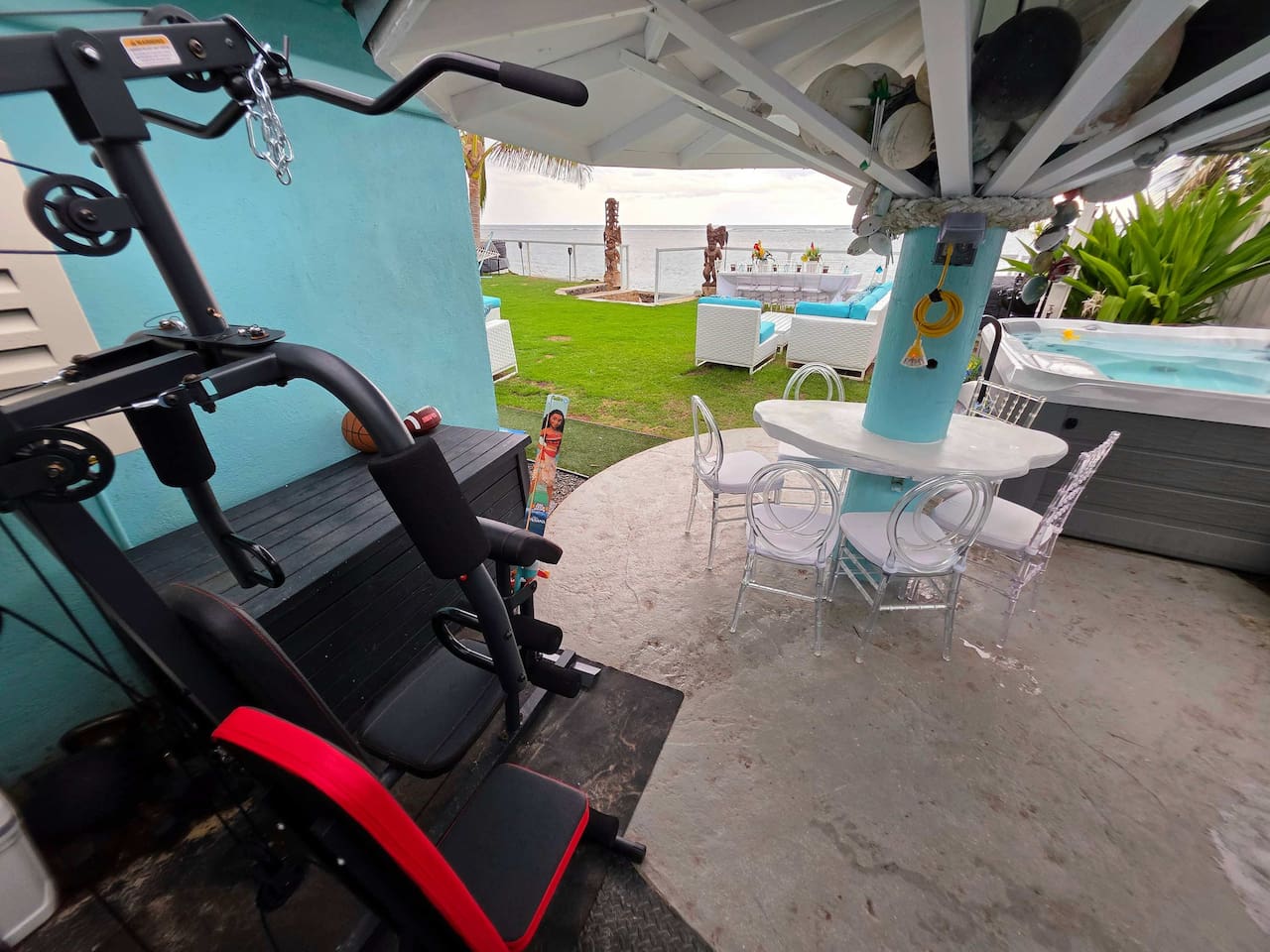 Fishing for Moana while working out on from the 45-exercise multifunction gym and mesmerized by the ocean waves.