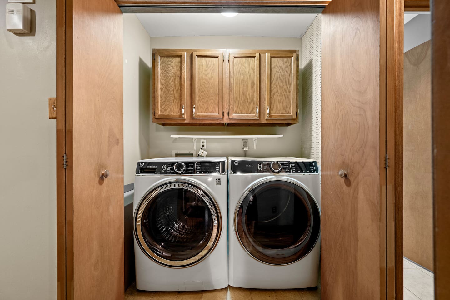 Full washer and drier.  Four laundry detergent pods are provided and plenty of drier sheets,