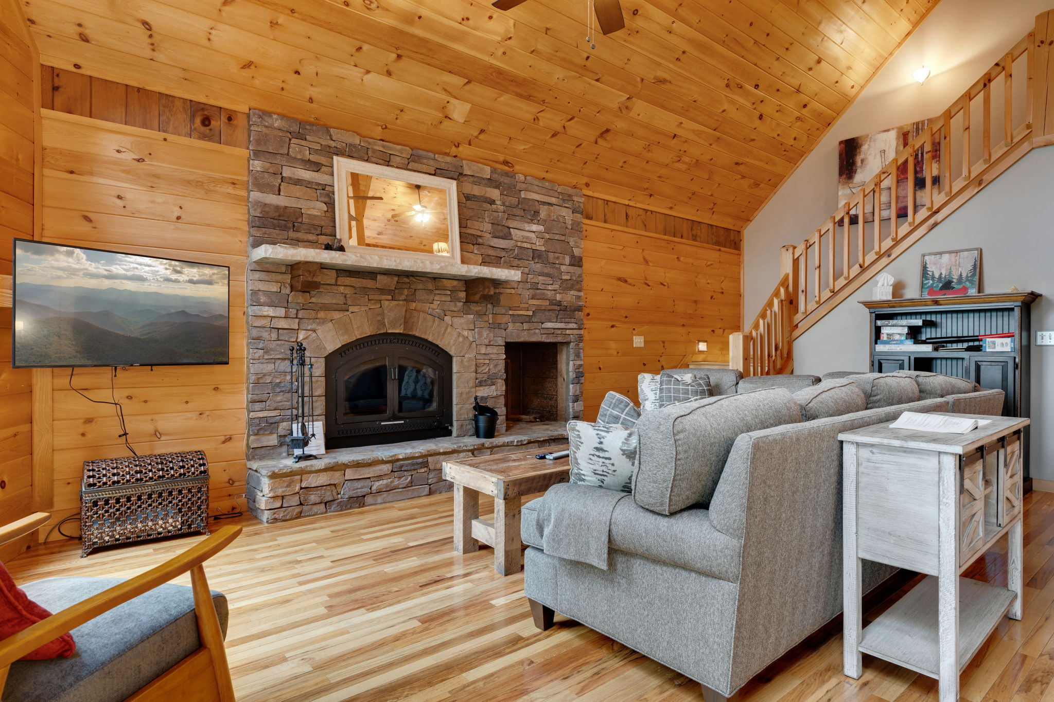 Log fireplace in living room.
