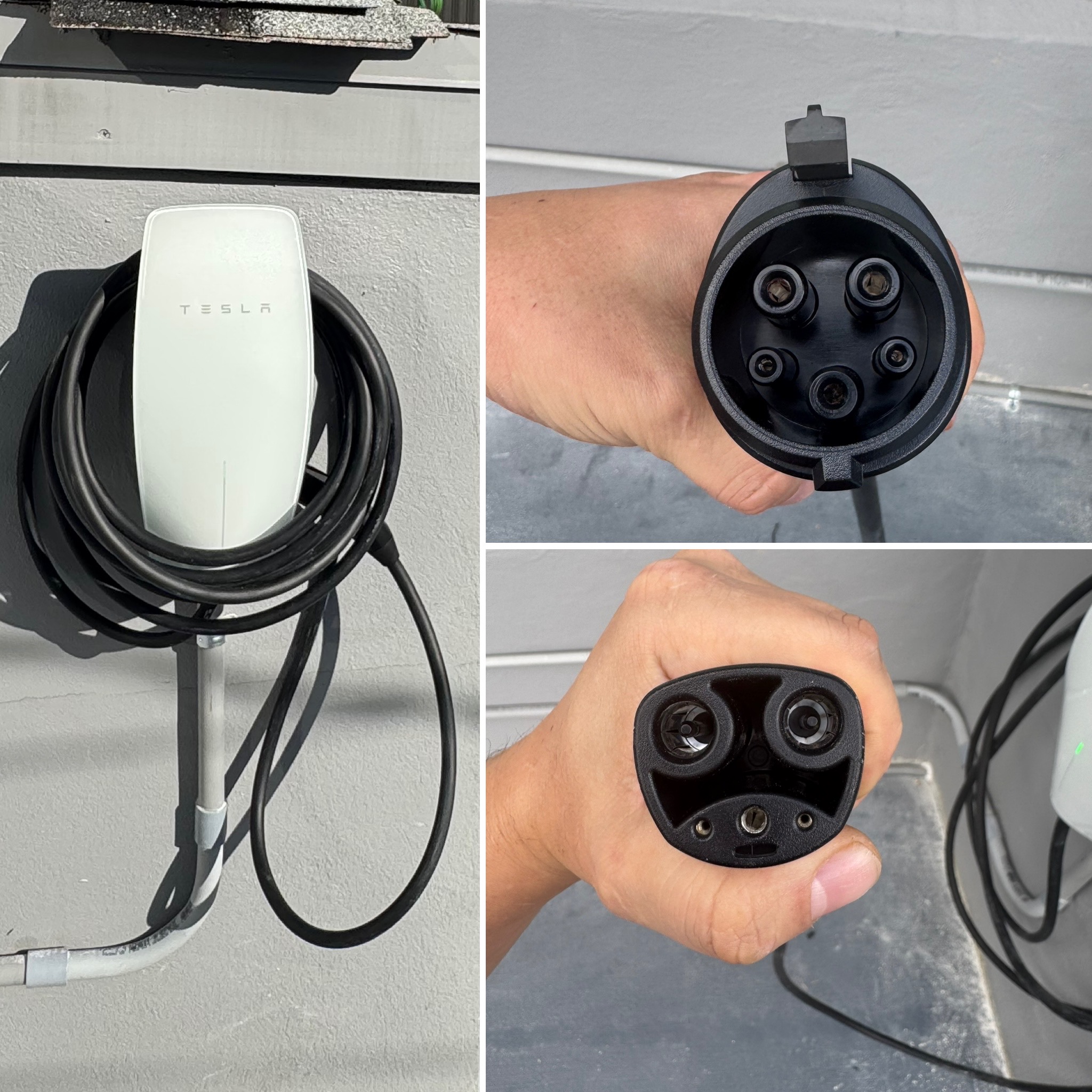 Tesla Universal Wall Connector / Charging Station includes two adapters: NACS & JJ1772. The charging station is in the gated backyard area & yes you are permitted to park on the concrete while charging your EV. Tesla EV's use the NACS. Some EV's use JJ1772