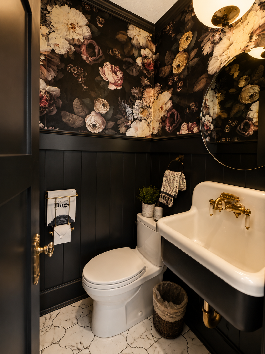 Make a statement with this dramatic main floor half bath. Rich floral wallpaper, moody tones, and elegant finishes create a memorable designer space that guests love. Conveniently located on the main floor, it's both beautiful and functional.