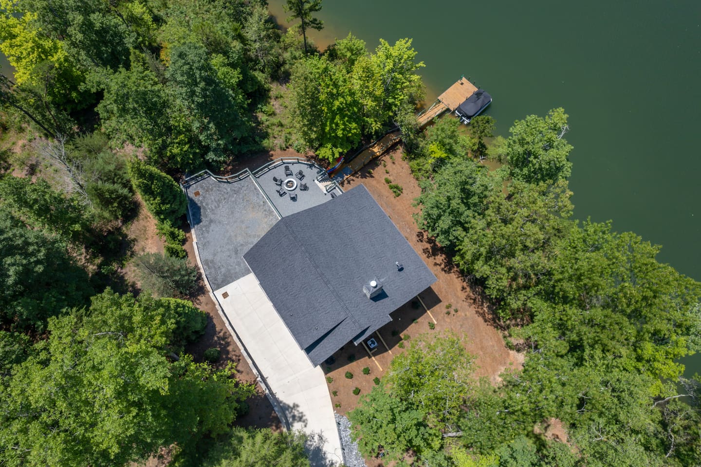 Drone picture looking down at the lake house