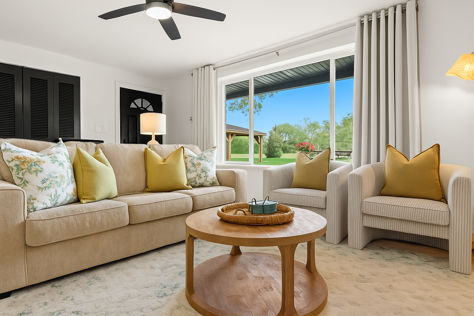 The open and airy living space is ideal for lounging with loved ones or enjoying a movie night after a day of exploring.