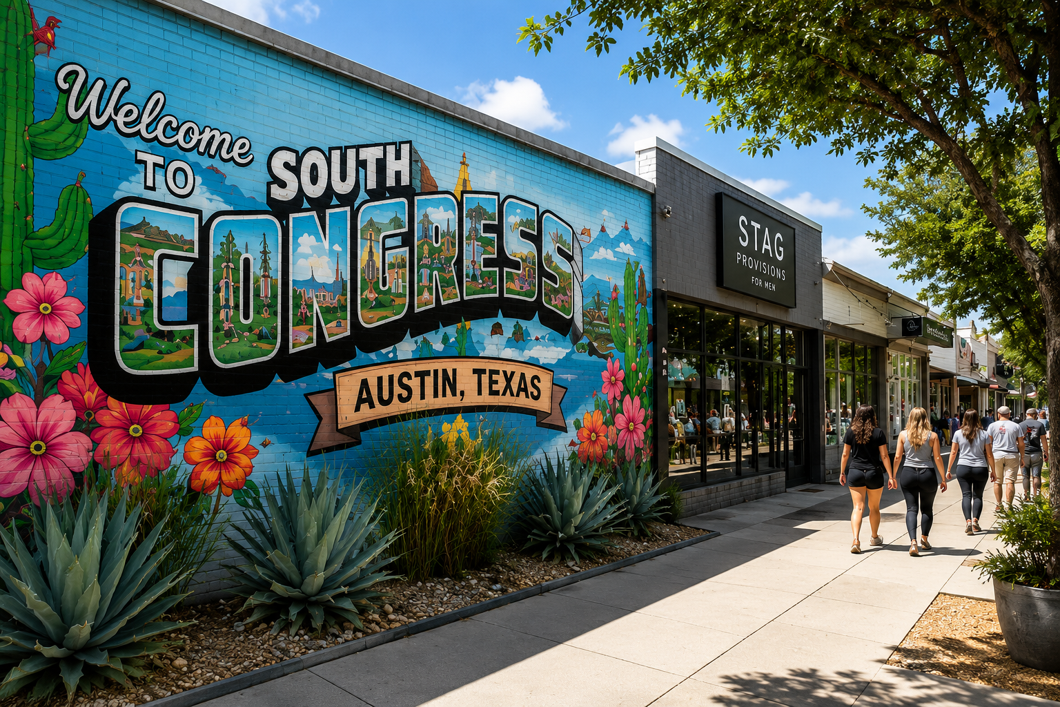 Step outside to vibrant murals and lively shops in Austin's heart!