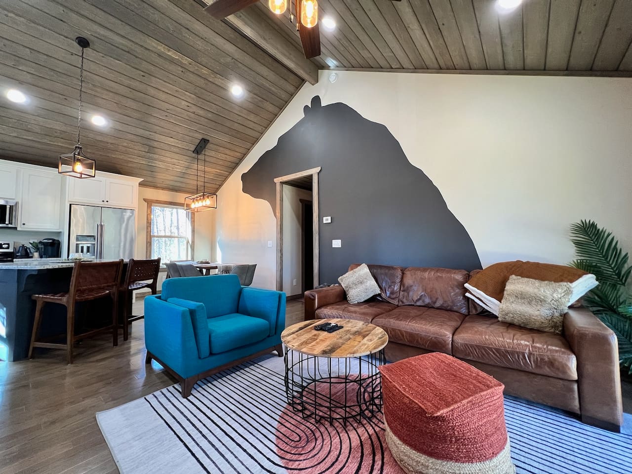 Comfy living room with gas fireplace and Samsung Smart TV stream your favorites.