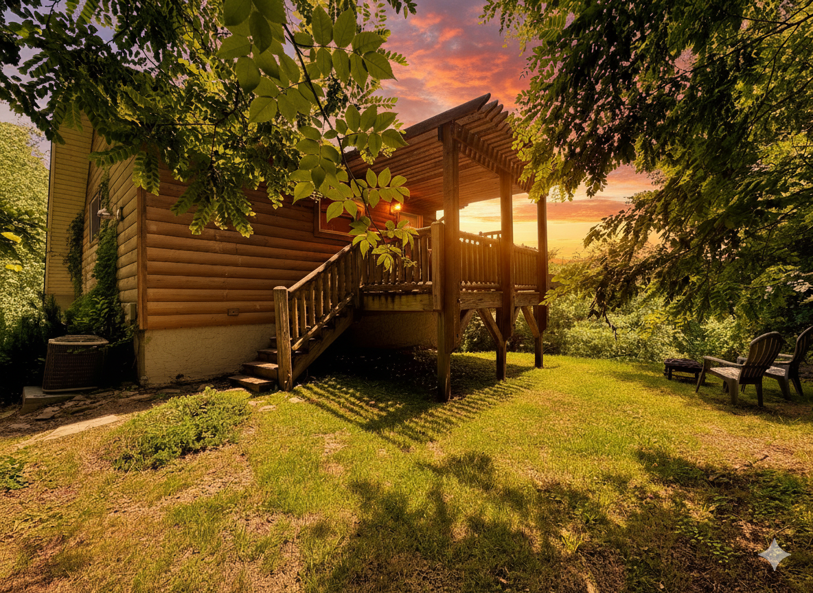 Golden hour serenity. Your peaceful cabin escape awaits.