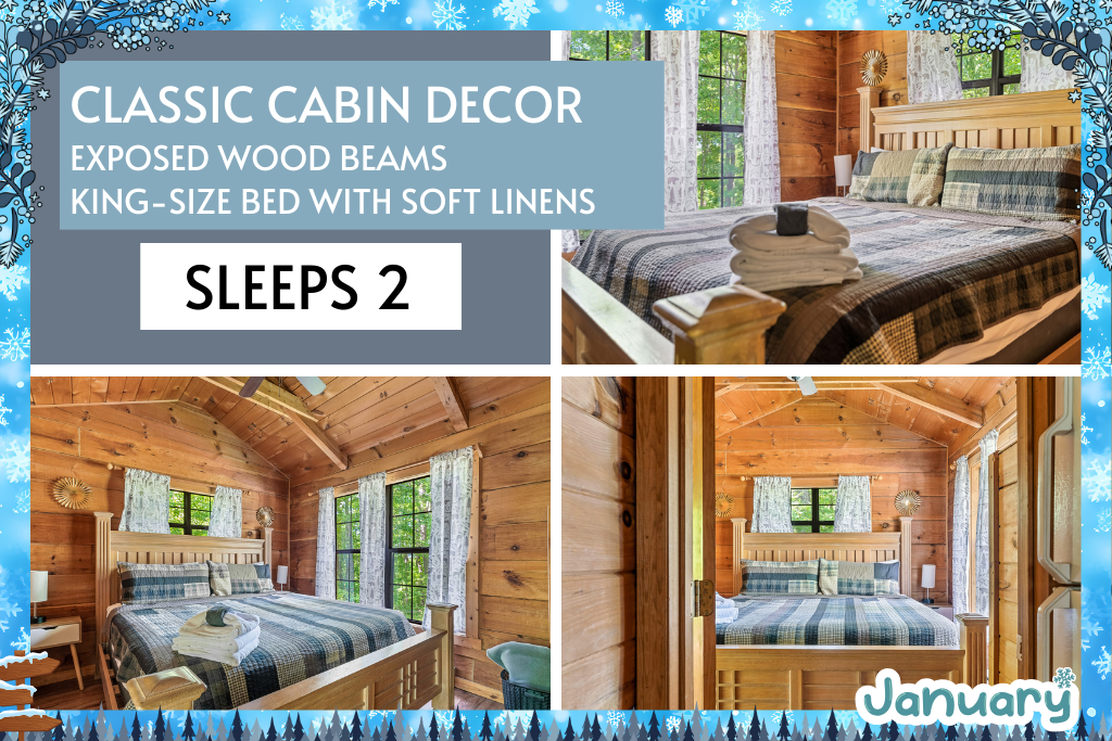Sleep soundly in a rustic king suite with exposed wood beams, soft linens, and natural light. Experience true Smoky Mountain comfort and charm.
