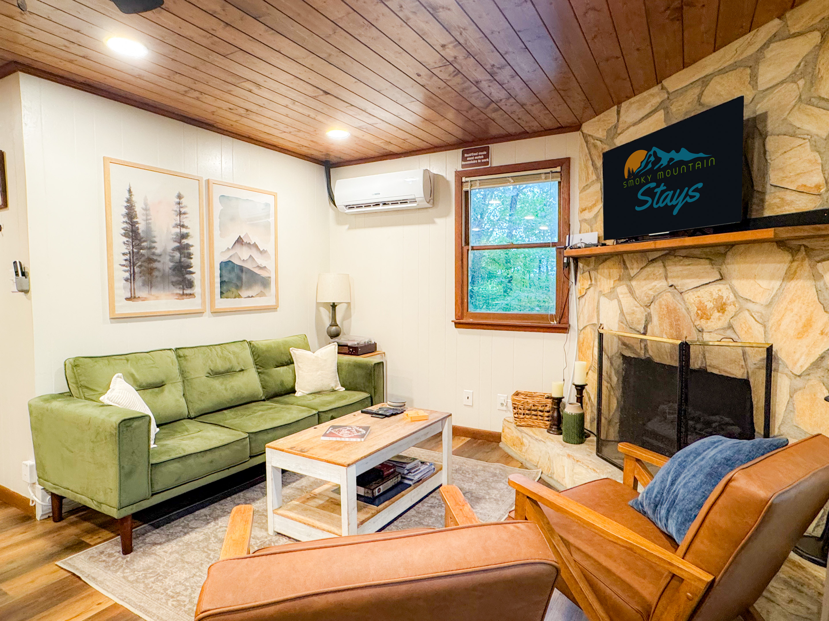 The main level living room features a Smart - Roku TV, seating for 5, and a record player!