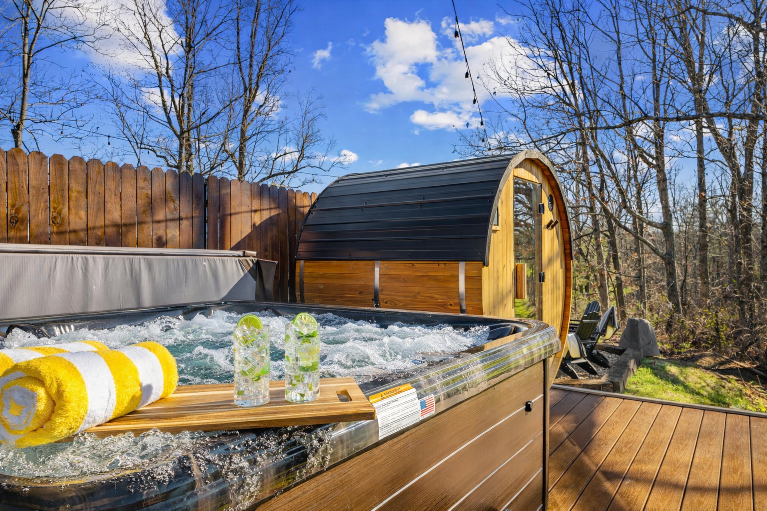 {Hot Tub + Sauna Deck}
Private 6-guest hot tub steps from the barrel sauna, with towels and deck access — creating a full indoor-outdoor spa experience.