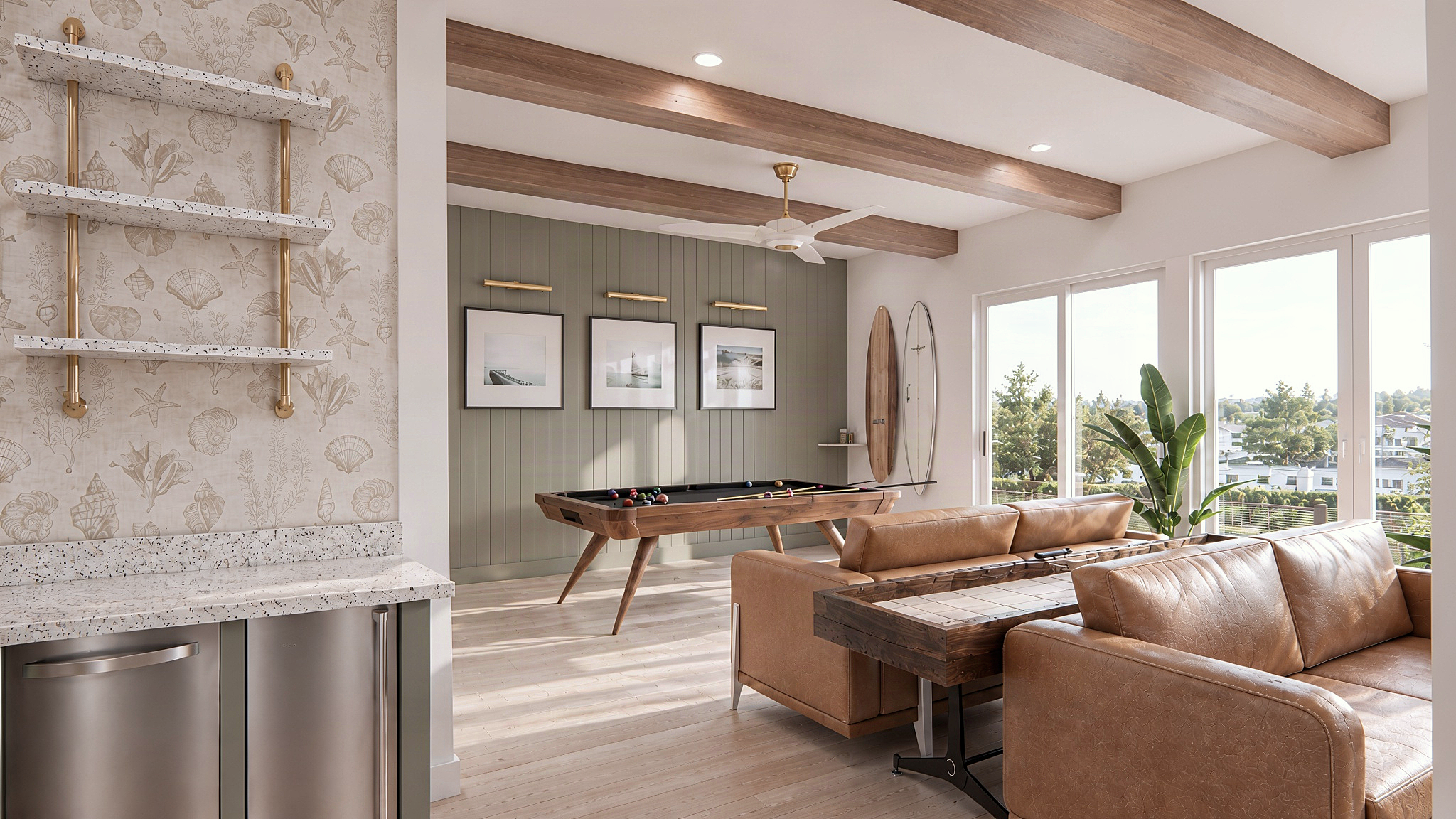 Game Room featuring a Pool Table, Custom-Glass Ping Pong, Shuffleboard, Foosball, and Arcade Games | Rendering 